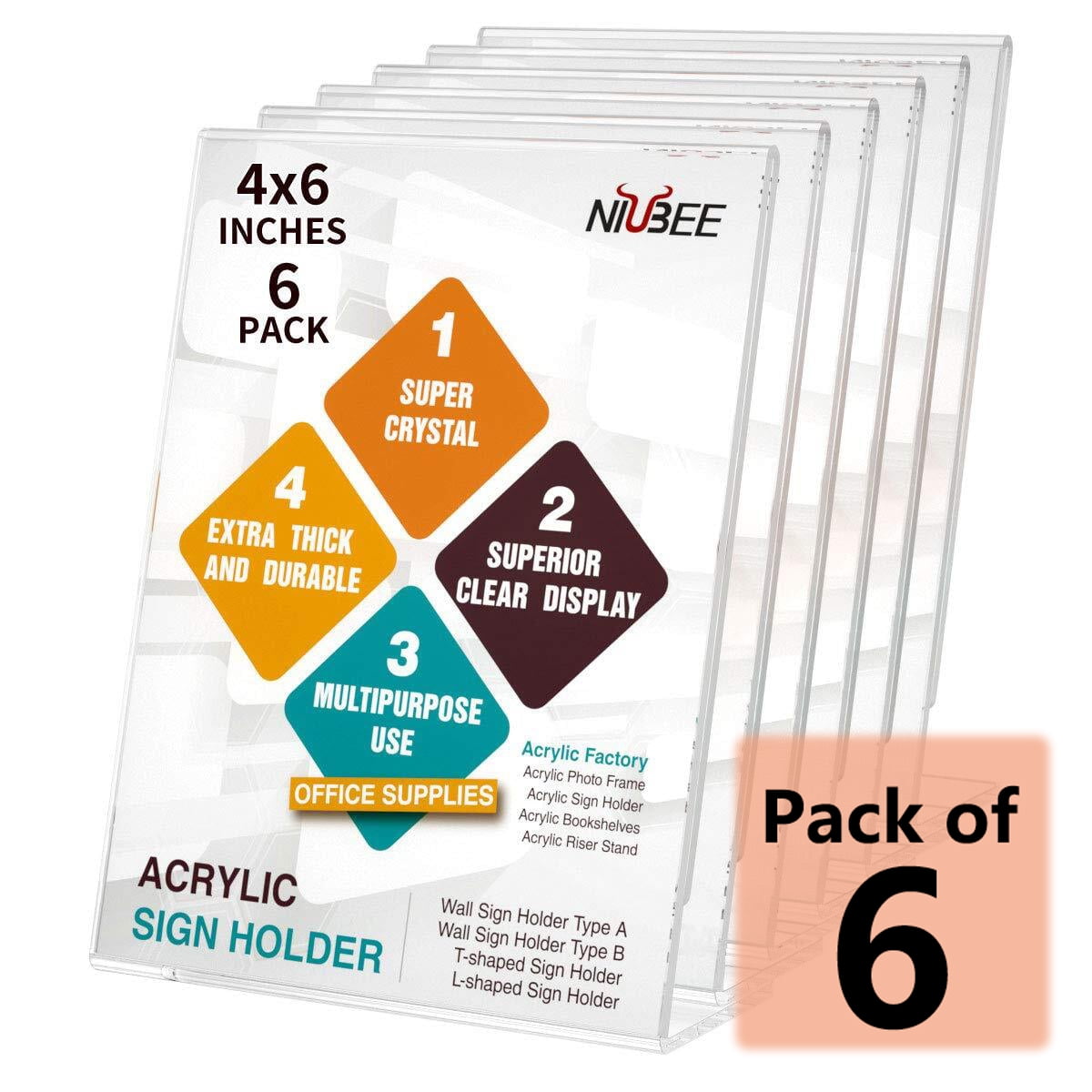 NIUBEE 6Pack Slant Back Acrylic Sign Holder 4 x 6 inches for Christmas