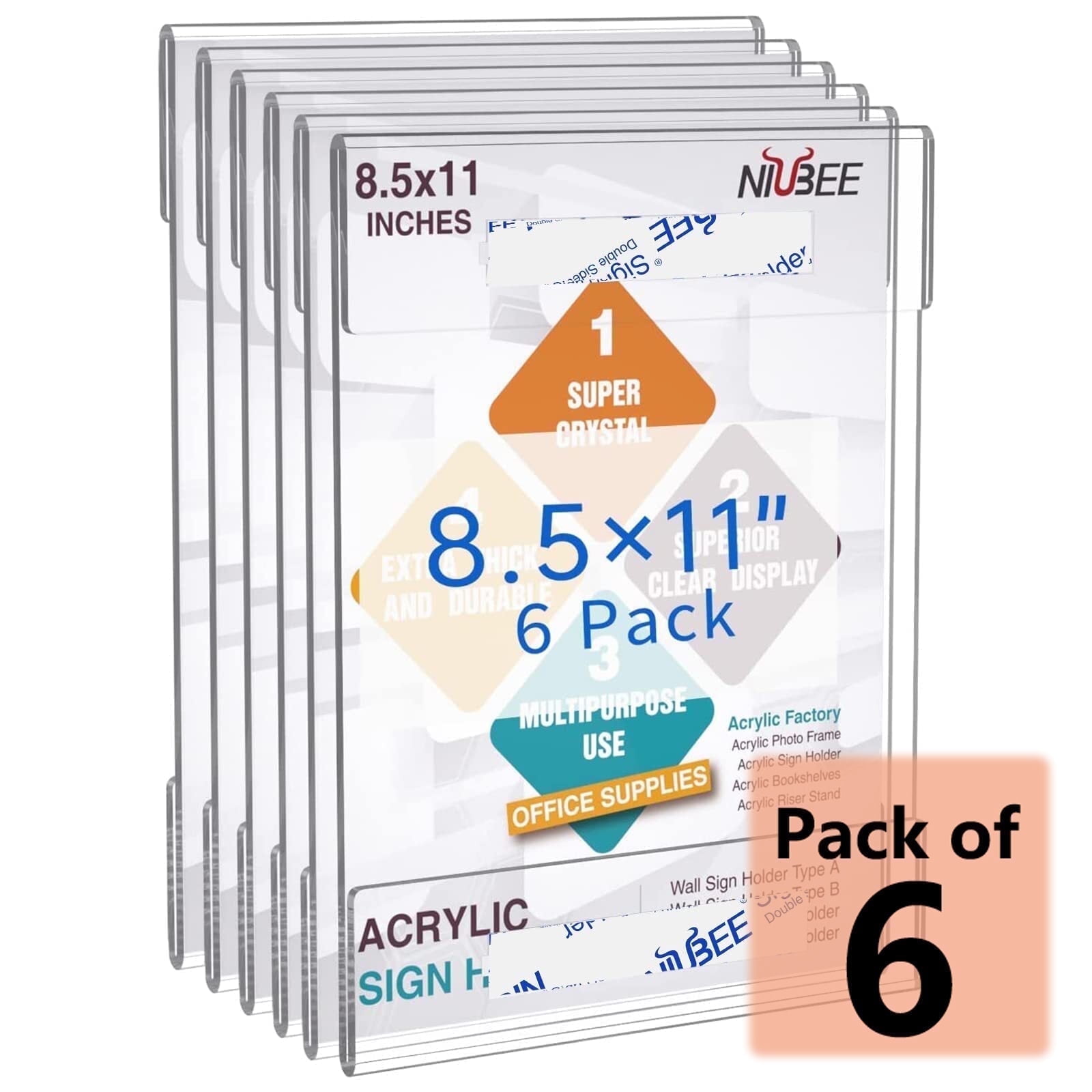 Niubee 8.5x11 Acrylic Sign Holders, Clear Sign Holder with Dual-Adhesive Strips, Wall Mount Sign Memo Document Holder for Office, Home, Store,, image size:1600x1600
