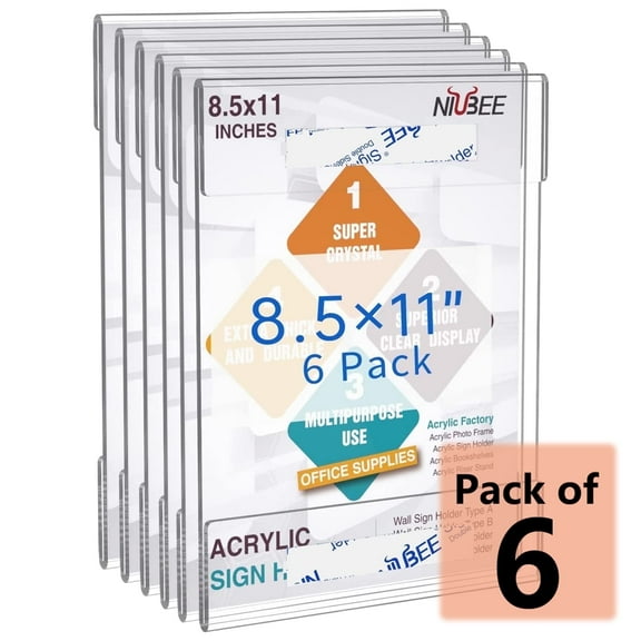 NIUBEE 8.5x11 Acrylic Sign Holders, Clear Sign Holder with Dual-Adhesive Strips, Wall Mount Sign Memo Document Holder for Office, Home, Store, Restaurant-No Drilling,6Pcs