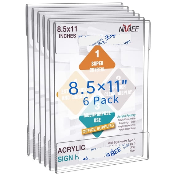 NIUBEE 8.5x11 Acrylic Sign Holders, Clear Sign Holder with Dual-Adhesive Strips, Wall Mount Sign Memo Document Holder for Office, Home, Store, Restaurant-No Drilling,6Pcs