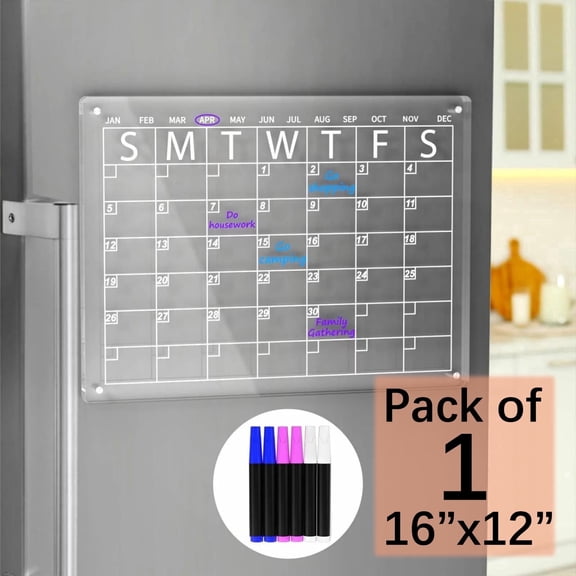 NIUBEE Acrylic Dry Erase Calendar, 16x12 Inches Clear Calendar for Refrigerator, Sleek Clear Monthly Calendar Reusable Planner, Includes 6 Dry Erase Markers with 3 Colors