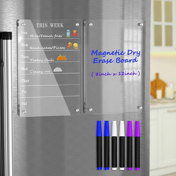 NIUBEE Acrylic Magnetic Weekly Meal Board for Fridge(8x12inch), 2 Pack Dry Erase Board Calendar and Memo for Refrigerator Reusable Week Planner, Includes 6 Dry Erase Markers