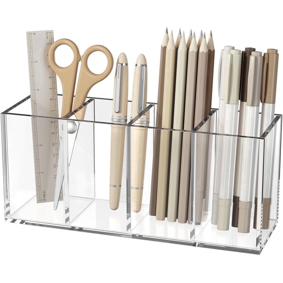 NIUBEE Acrylic Pencil & Pen Holder, Clear Sturdy, 4 Compartments, Desk Organizers and Accessories for Office, Desktop, Makeup Table, Kitchen, Picnic Table