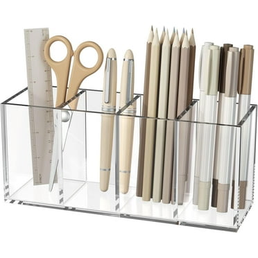 NIUBEE Acrylic Pencil Holder Clear Sturdy 4 Compartments, Wide and Deep Enough Desks Organizer for Office, Desktop,Makeup Table,Kitchen,Picnic Table