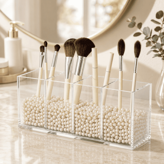 NIUBEE Acrylic Pen Holder, Makeup Organizer, Clear Sturdy, 4 Compartments, Desk Organizers and Accessories for Office, Desktop, Makeup Table, Kitchen, Picnic Table
