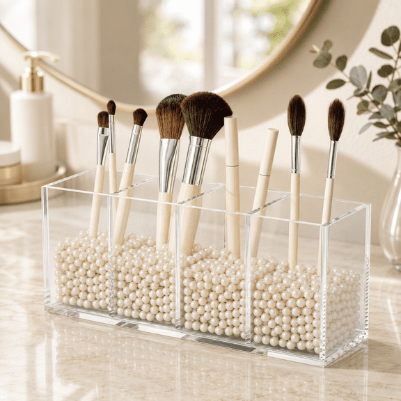 NIUBEE Acrylic Pen Holder, Clear Sturdy, 4 Compartments, Pen Desk Organizers and Accessories for Office, Desktop, Makeup Table, Kitchen, Picnic Table