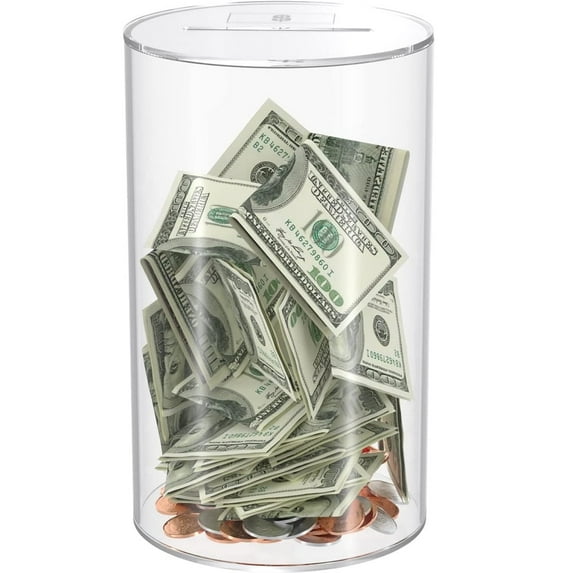 NIUBEE Acrylic Piggy Bank for Adults Clear Piggy Bank Break to Open Design for Secure Savings - Money Jar Ideal for Kids, Adults - Perfect for Gifts, and Financial Education,8" H * 5" Diameter