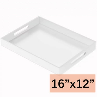 NIUBEE Acrylic Serving Tray 12x16 Inches -Spill Proof- White Decorative Tray Organiser for Ottoman Coffee Table Countertop with Handles