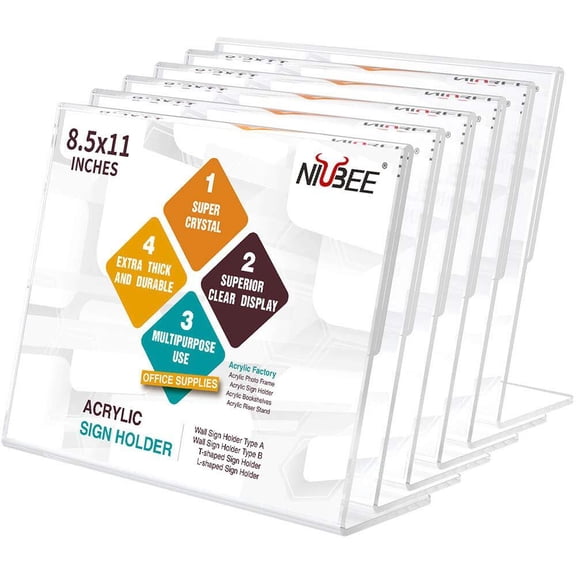 NIUBEE Acrylic Sign Holder 8.5*11 Inches 6 Pack Horizontal for Business Decor, Slant Back Clear Frames, Plastic Paper Flyer Display Holder, Document Menu Table Stand for Office, Store, Restaurant