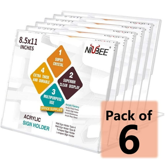 NIUBEE Acrylic Sign Holder 8.5*11 Inches 6 Pack Horizontal for Business Decor, Slant Back Clear Frames, Plastic Paper Flyer Display Holder, Document Menu Table Stand for Office, Store, Restaurant