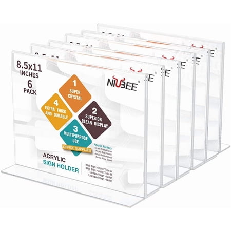 NIUBEE Acrylic Sign Holder 8.5*11 Inches 6 Pack Horizontal for Business Decor, T Shape Double Sided Clear Frames, Plastic Paper Flyer Display Holder, Document Menu Table Stand for Office, Store