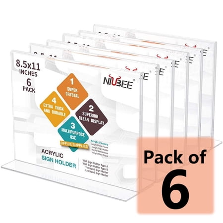 NIUBEE Acrylic Sign Holder 8.5*11 Inches 6 Pack Horizontal for Business Decor, T Shape Double Sided Clear Frames, Plastic Paper Flyer Display Holder, Document Menu Table Stand for Office, Store