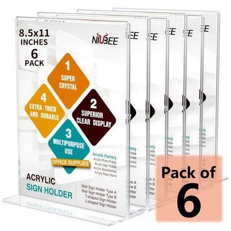 NIUBEE Acrylic Sign Holder 8.5*11 Inches 6 Pack Vertical for Business Decor, T Shape Double Sided Clear Frames, Plastic Paper Flyer Display Holder, Document Menu Table Stand for Office, Store