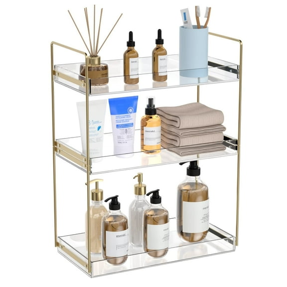 NIUBEE 3-Tier Acrylic Bathroom Organizer,Chic Easy Assembly Bathroom Sink Organizer Countertop Large Space for Lotions & Makeup,Gold
