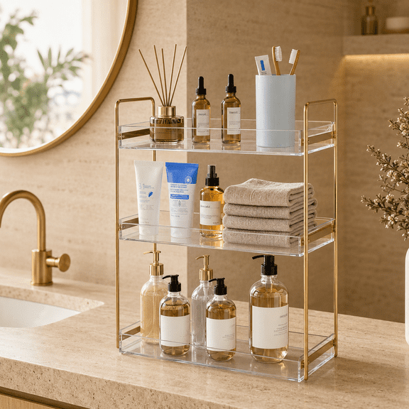 NIUBEE 3-Tier Acrylic Bathroom Countertop Organizer, Bathroom Accessories, Bathroom Organizer Countertop, Home Storage Holder for Lotions & Makeup, Perfume, Spice, Gold