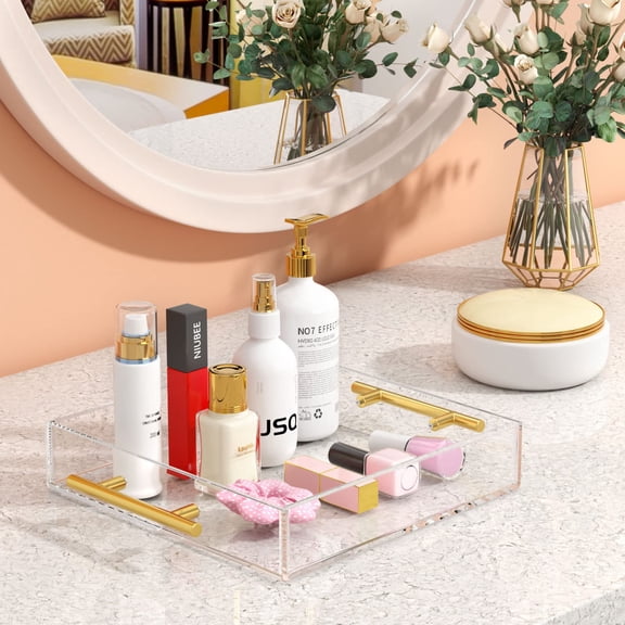 NIUBEE Clear Acrylic Square Serving Tray with Handles-12 x12 Inch-Clear Decorative Tray Letter Tray Organizer for Ottoman Coffee Table Countertop, Spill Proof Serving Tray Food Serving Tray, Clear