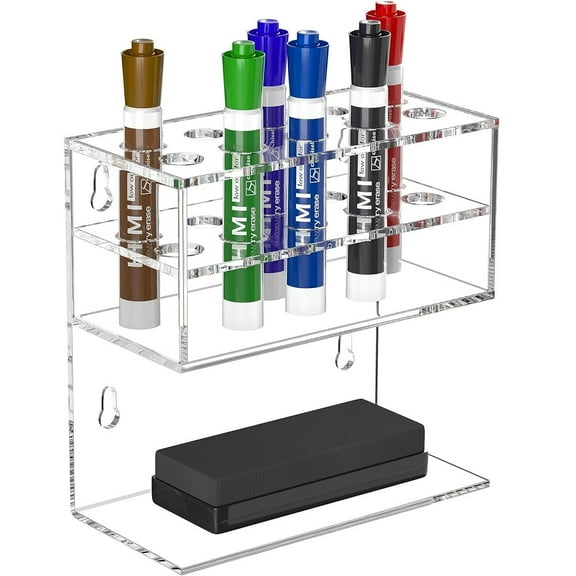 NIUBEE Dry Erase Whiteboard Magnetic Marker Holder Wall Mounted with 10 Marker Slots & Eraser Holder, Clear Acrylic Marker Organizer Stand for Fridge Whiteboard Locker, Wall Pen Pencil Marker Shelf
