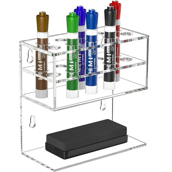 NIUBEE Dry Erase Whiteboard Magnetic Marker Holder Wall Mounted with 10 Marker Slots & Eraser Holder, Clear Acrylic Marker Organizer Stand for Fridge Whiteboard Locker, Wall Pen Pencil Marker Shelf