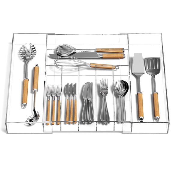 NIUBEE Silverware Drawer Organizer, Expandable Acrylic Kitchen Drawer Organizer with 9 Compartments, Clear Adjustable Cutlery Tray for Flatware and Utensils
