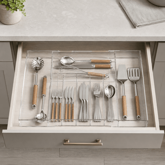 NIUBEE Acrylic Cutlery Drawer Organizer for Flatware and Utensils, Clear Expandable Silverware Drawer Organizer, Utensils Drawer Organizer, 9 Compartments