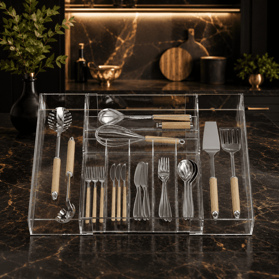 NIUBEE Utensil Drawer Organizer for Flatware and Utensils, Clear Acrylic Adjustable Silverware Tray for Drawer, Cutlery Drawer Organizer, Supplies, 9 Compartments