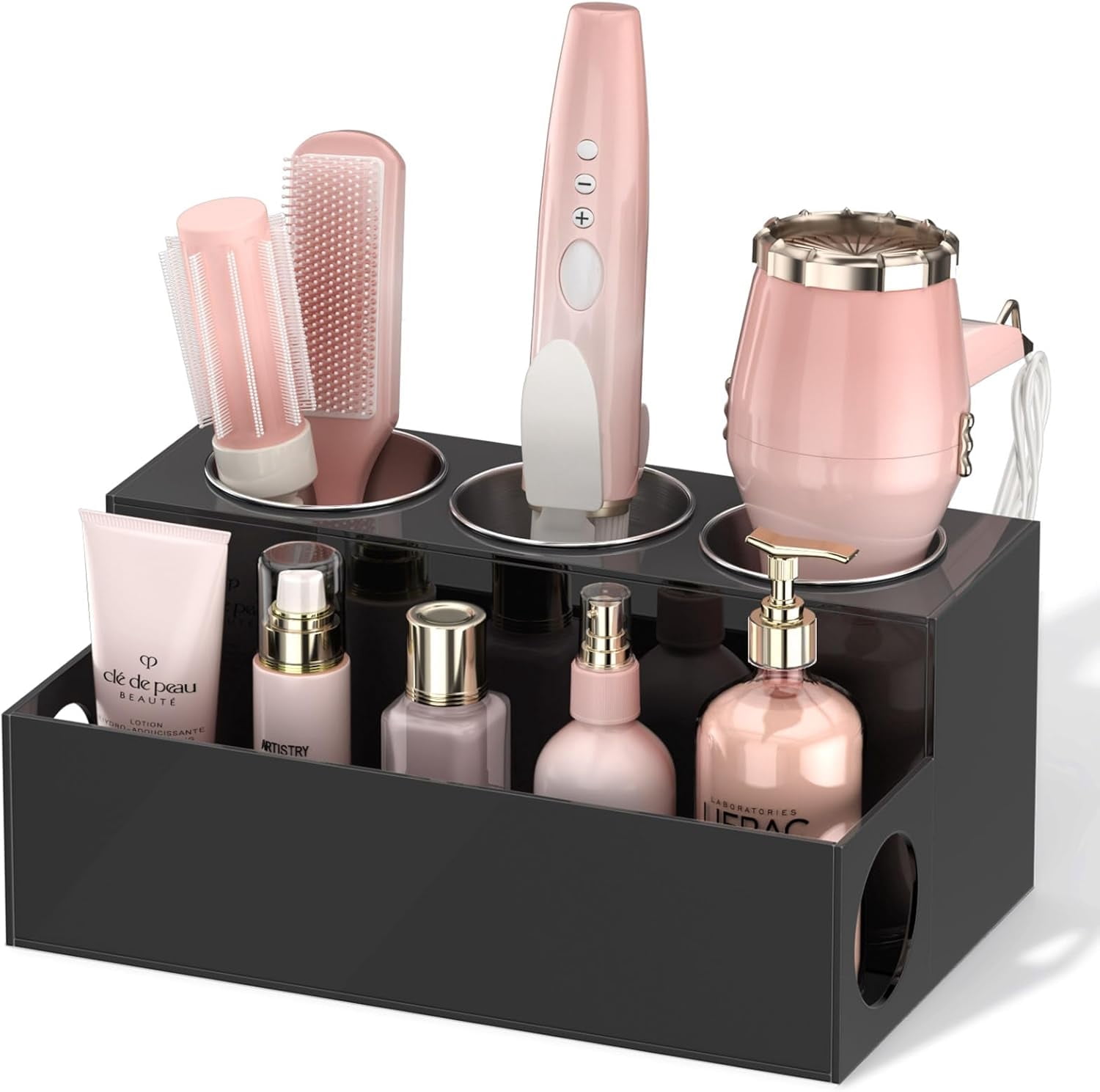 NIUBEE Hair Tool Organizer, Acrylic Hair Dryer Holder and Styling Organizer, Bathroom Countertop Blow Dryer Holder, Vanity Caddy Storage Stand for Blow Dryers, Accessories, Makeup, Toiletries, Black