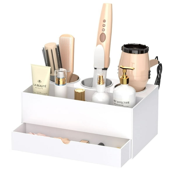 NIUBEE Hair Tool Organizer, Acrylic Hair Dryer and Styling Organizer with Drawer, Bathroom Hairbrush Holder Makeup Stand Vanity Accessories for Women, White