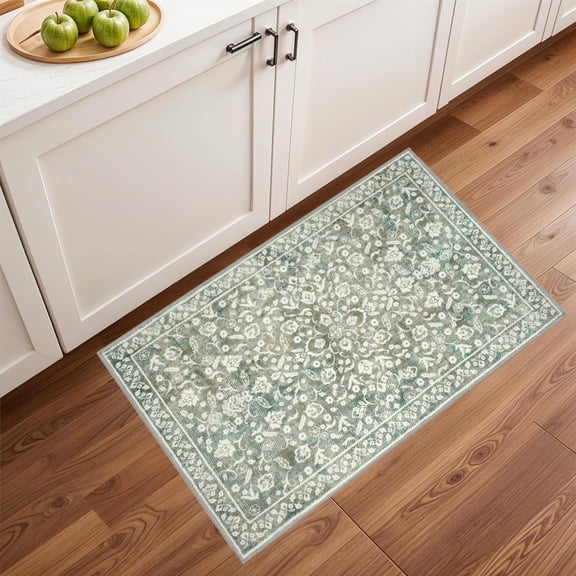 NIUBIER 2x3 Washable Rugs,Green Soft Distressed Floral Area Rug, Non-Slip Low-Pile Doormat for Entryway, Dorm, Bedside, Foyer, Indoor Door Mat