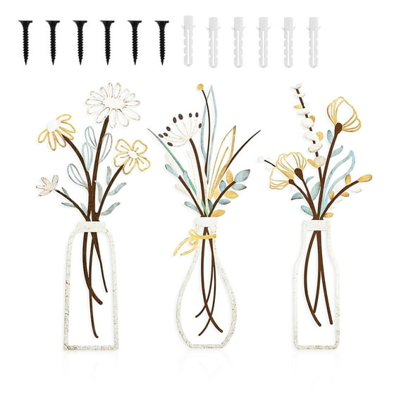 NIUBIER 3Pcs 13.7 X 6IN Metal Flowers Wall Art,Rustic Farmhouse Decor Minimalist Vase Wall Decors Housewarming Gifts Hanging for Indoor Kitchen Bathroom Bedroom Living Room