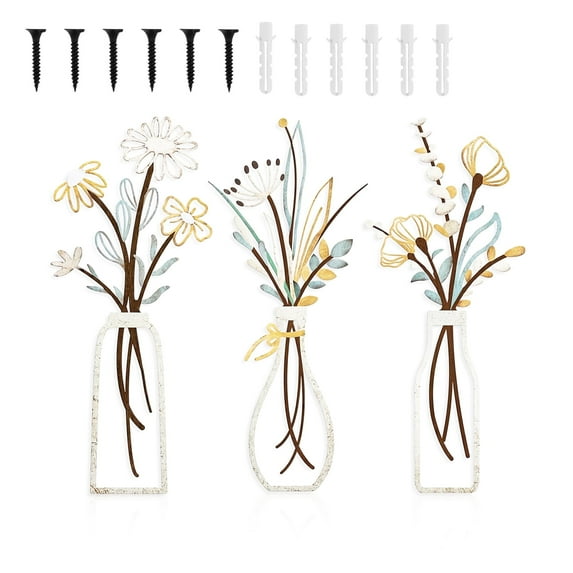 NIUBIER 3Pcs 13.7 X 6IN Metal Flowers Wall Art,Rustic Farmhouse Decor Minimalist Vase Wall Decors Housewarming Gifts Hanging for Indoor Kitchen Bathroom Bedroom Living Room