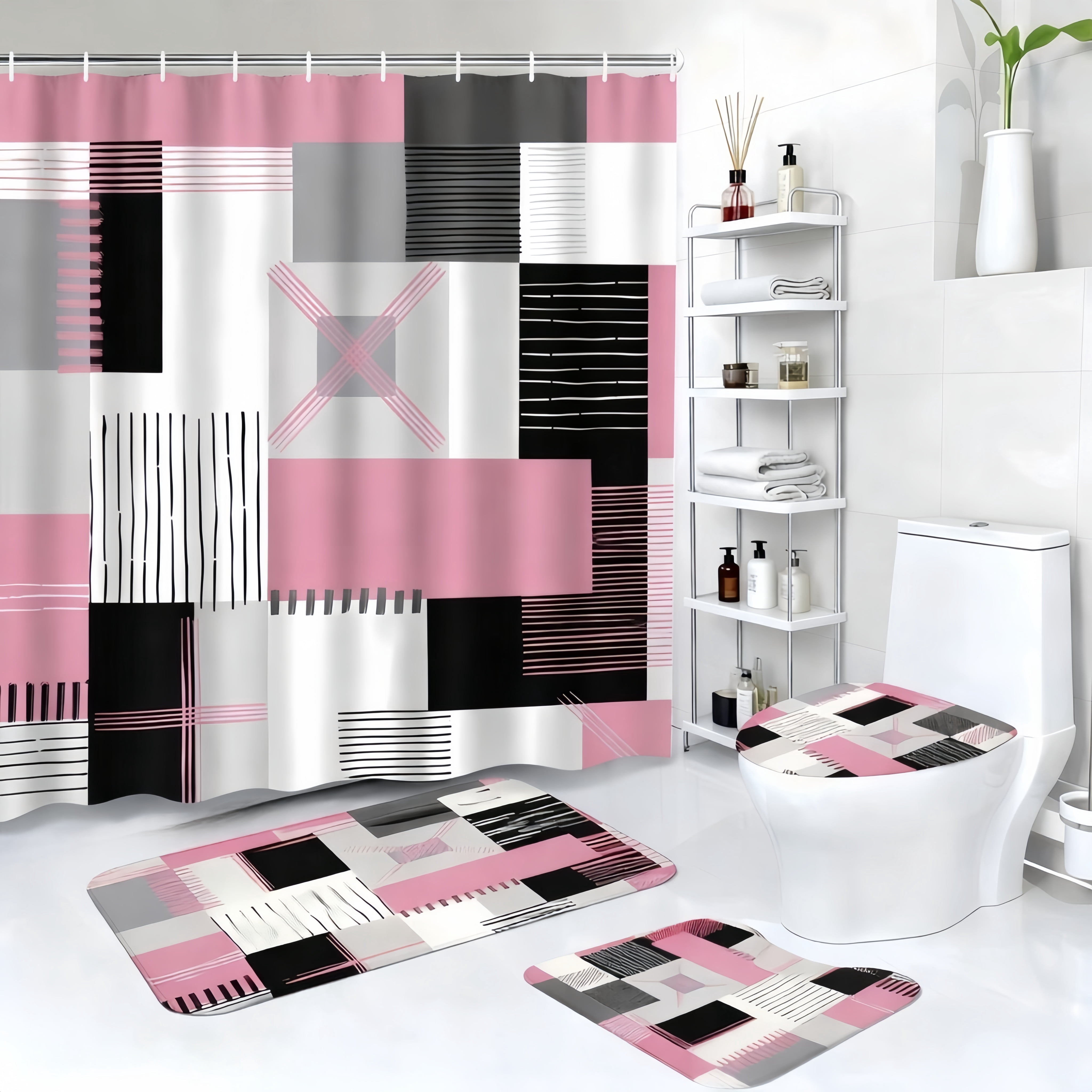 NIUBIER 4Pcs Pink Shower Curtain Sets with Non-Slip Rugs, Toilet Lid Cover and Bath Mat, Black and Pink Bathroom Decor Set Accessories Fabric Waterproof Shower 