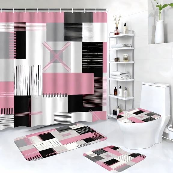 NIUBIER 4Pcs Pink Shower Curtain Sets with Non-Slip Rugs, Toilet Lid Cover and Bath Mat, Black and Pink Bathroom Decor Set Accessories Fabric Waterproof Shower Curtains with 12 Hooks, 70.8x 70.8 Inch