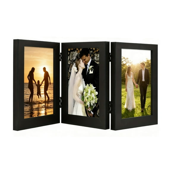 NIUBIER 5x7 Three Picture Frame Trifold Hinged Photo Frame with 3 Openings, Desk Top Family Picture Collage,Vertical Display 3 5x7 Photo,  Black