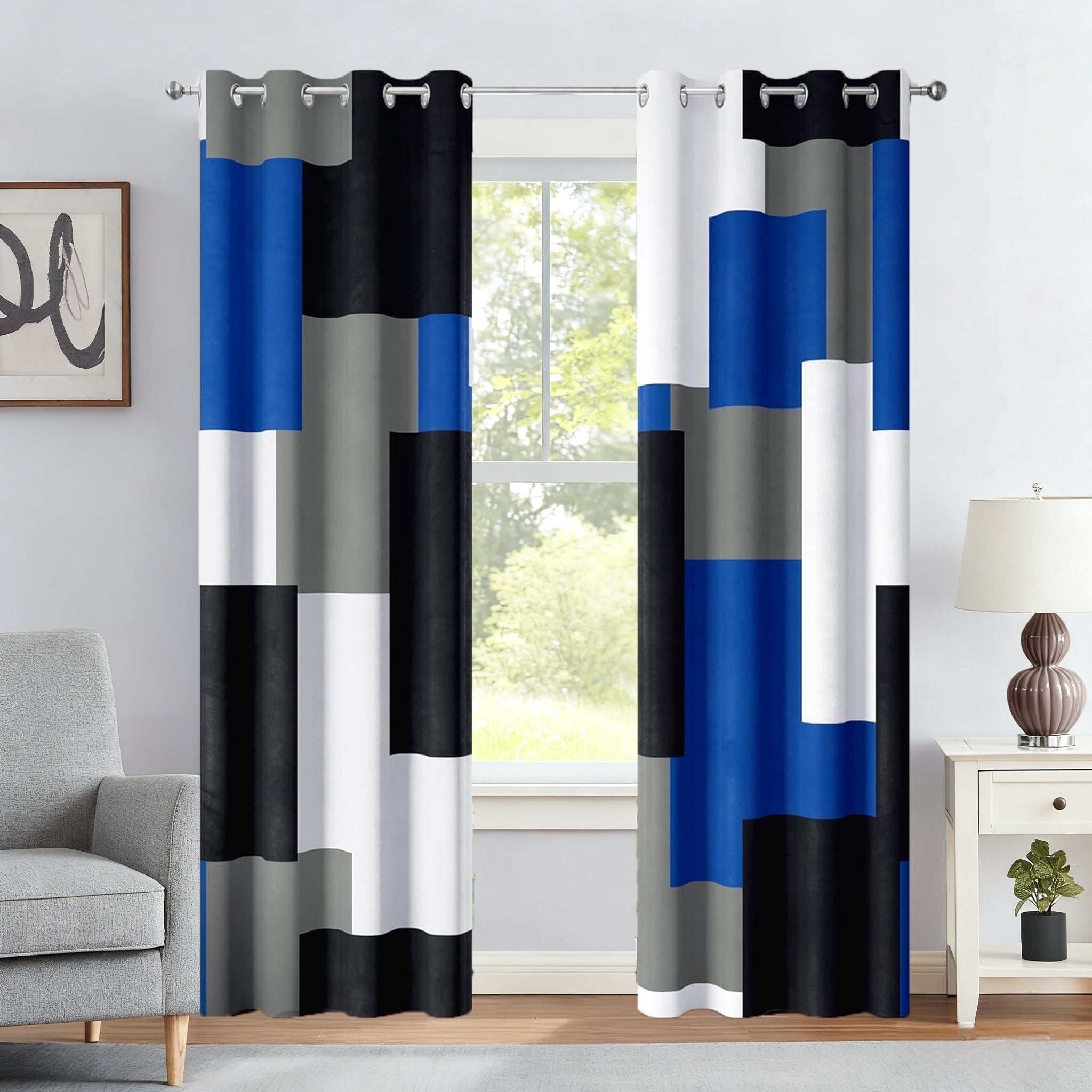 NIUBIER Blackout Curtains for Bedroom,Blue and White Black Out Curtains for Living Room Modern Geometric Abstract Room Curtains, 52" x 84"
