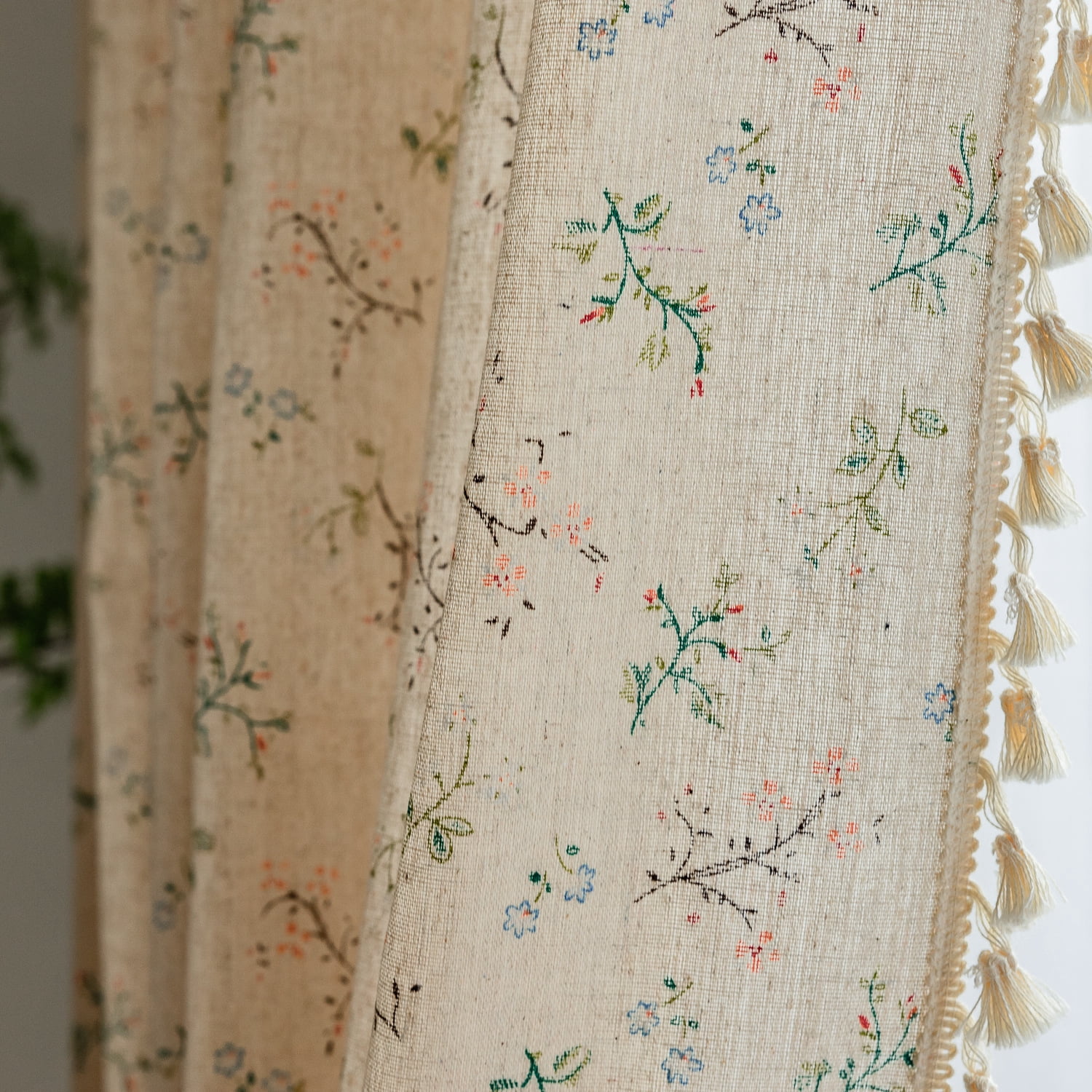NIUBIER Semi-Blackout Linen Curtains, Floral Pattern, Rod Pocket with Tassels, 52x84 Inches, for Bedroom/Living Room