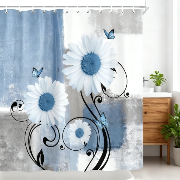 NIUBIER Floral Shower Curtain for Bathroom Decor, Blue and White Daisy and Butterfly on Abstract Geometric Shower Curtain with Hooks Flower Bathroom Curtains Shower Set,70.8L X 70.8W in