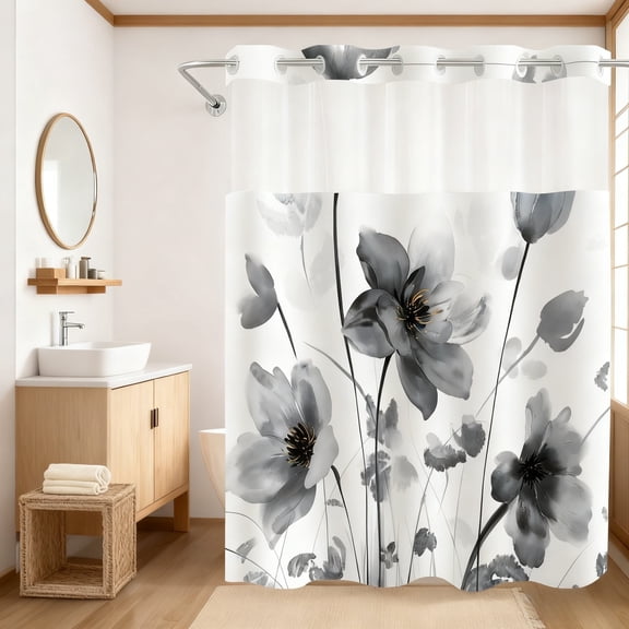 NIUBIER No Hook Boho Floral Shower Curtain Set with Snap-in Liner, Black Watercolor Flower Fabric Bathroom Curtain with See-Through Top Window, 71"X74"