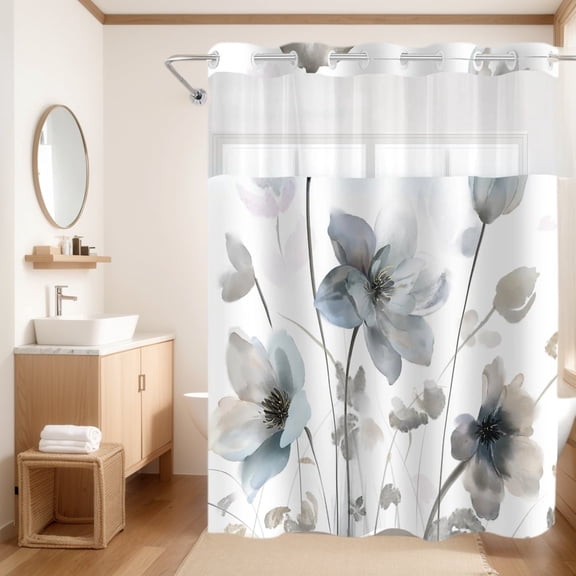 NIUBIER No Hook Boho Floral Shower Curtain Set with Snap-in Liner, Grey Watercolor Flower Fabric Bathroom Curtain with See-Through Top Window, 71"X74"