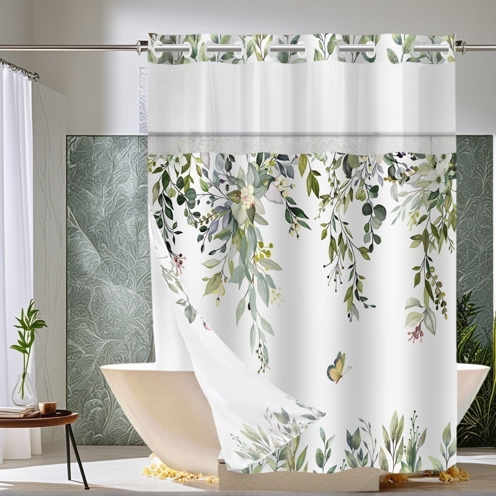 NIUBIER No Hook Shower Curtain with Snap in Liner Set, Sage Green Eucalyptus Leaf Butterfly Bath Curtain with Botanical Plant for Bathroom,71"x74"