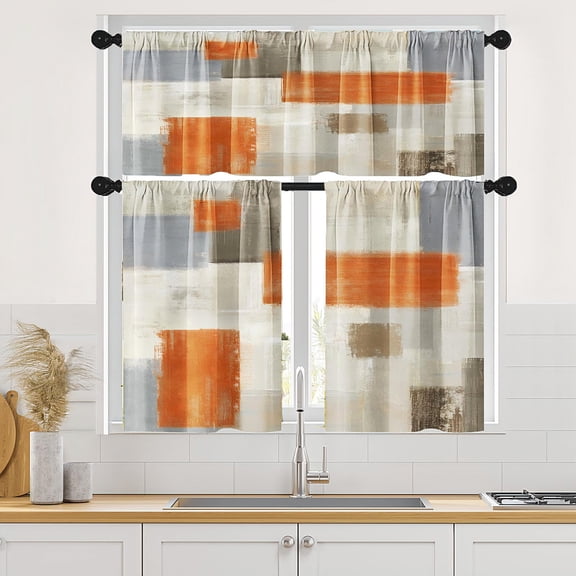 NIUBIER Orange Kitchen Window Curtains,Abstract Brown Kitchen Curtain,Valance and Tier Set, Grey Beige Contemporary Rod Pocket Short Tier Curtain, Abstract Art Small Cafe Drapes for Kitchen Decor