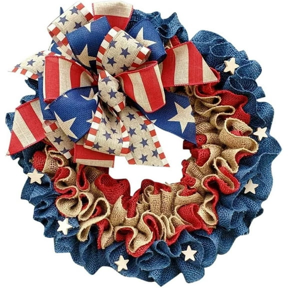 NIUBWJL 11.81 Inch Forth of July Burlap Ribbon Wreath for Front Door, Patriotic Stars Ruffled Ribbon Wreath for Indoor Outdoor, American Flag Red White Blue Color Home Decoration
