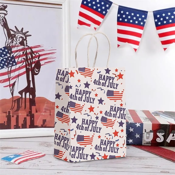 NIUBWJL 12 Pcs 4th of July Gift Bags with Handle Patriotic Red Blue White Gift American Flag Paper Candy Treat Goodie Bags for Wrapping Memorial Day Independence Day Party Favor