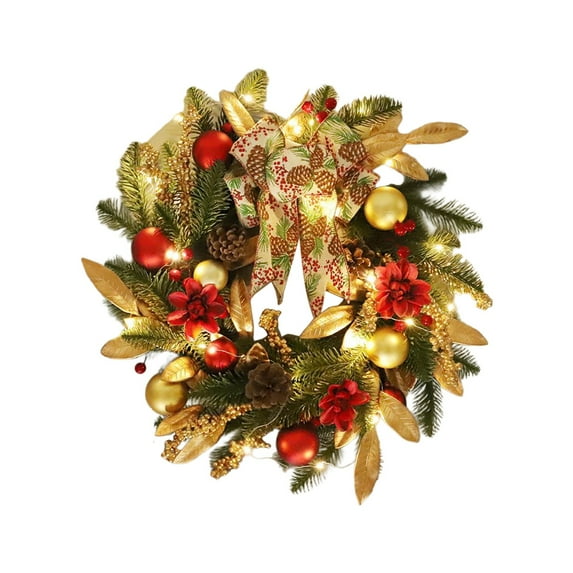 NIUBWJL 17.72 Inch Christmas Wreath With Red And Gold Ornaments Flowers And Bows Festive Front Door Wreath For Indoor And Outdoor Christmas Decorations