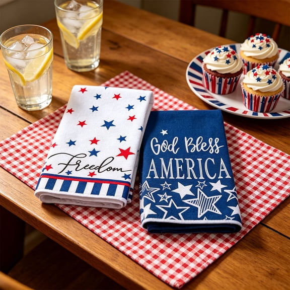 NIUBWJL 2 Pcs 4th of July Patriotic Kitchen Towels Memorial Day Hand Dishtowels Decorative Red White and Blue Flag Star USA Tea Towels for 250th Anniversary Kitchen Bathroom Decor