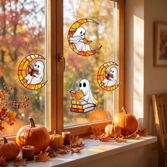 NIUBWJL 4 Piece Halloween Ghost Reading Window Decoration Shaped Acrylic Window Hanging Piece Holiday Indoor Window Decoration