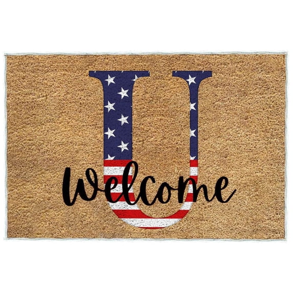 NIUBWJL 4th of July Patriotic Coir Door Mat Outdoor 250 Anniversary USA Red White Blue Stripe Welcome Rug Patriotic Mat Non-Slip Independence Day Memorial Day Doormat Outside Porch Front Decor
