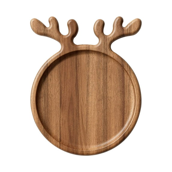 NIUBWJL Acacia Wood Christmas Serving Platter with Antler Handle, Round Wooden Food Dish Plate, Decorative Charcuterie Board for Cheese Bread, Christmas Platter for Housewarming Decro Wedding