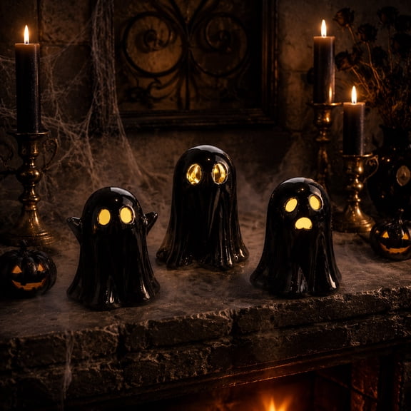 NIUBWJL Ceramic Ghost Decor, Light Up Ghost Figurines for Halloween Decorations | 3Pcs Small Ghosts Light for Cute Table Mantle, Spooky Indoor Home Halloween Party Centerpiece