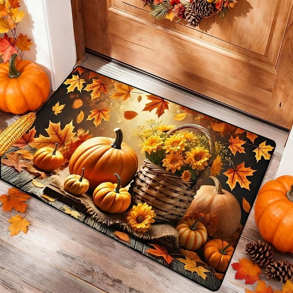 NIUBWJL Fall Pumpkin Maple Leaves Floor Mat 60x40cm Multicolor Polyester Halloween Thanksgiving Decorative Mat For Bathroom Kitchen Porch Entrance Carpet