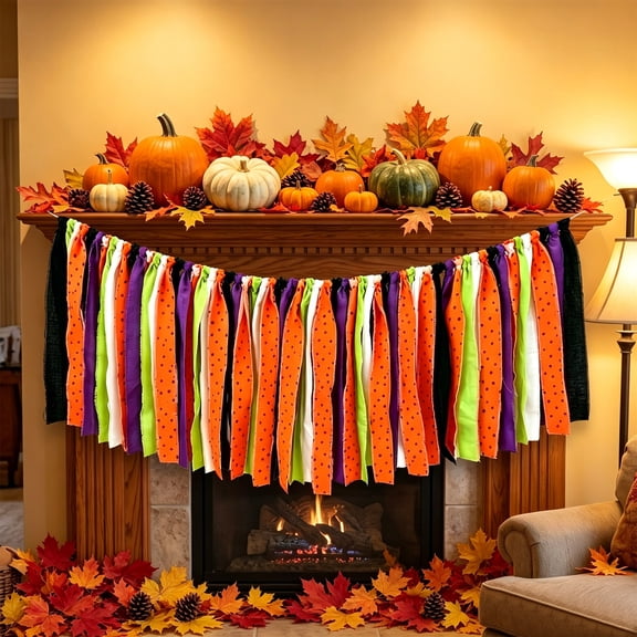 NIUBWJL Fall Thanksgiving Fabric Ribbon Banners Halloween Pumpkin Maple Leaf Tassel Garland For Fireplace Porch Home Autumns Decor